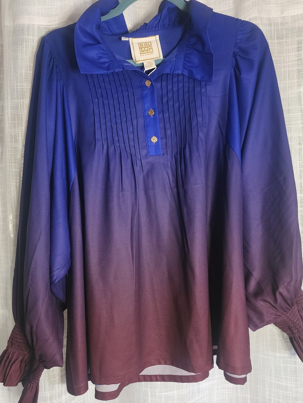 Ombre Blue to Plum Pleated Button-Front Blouse XL Boho Preppy Resort